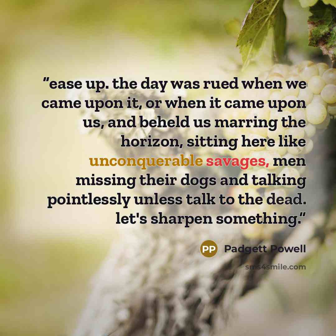 “ease up. the day was rued when we came upon it, or when it came upon us, and beheld us marring the horizon, sitting here like unconquerable savages, men missing their dogs and talking pointlessly unless talk to the dead. let's sharpen something.” quote by Padgett Powell