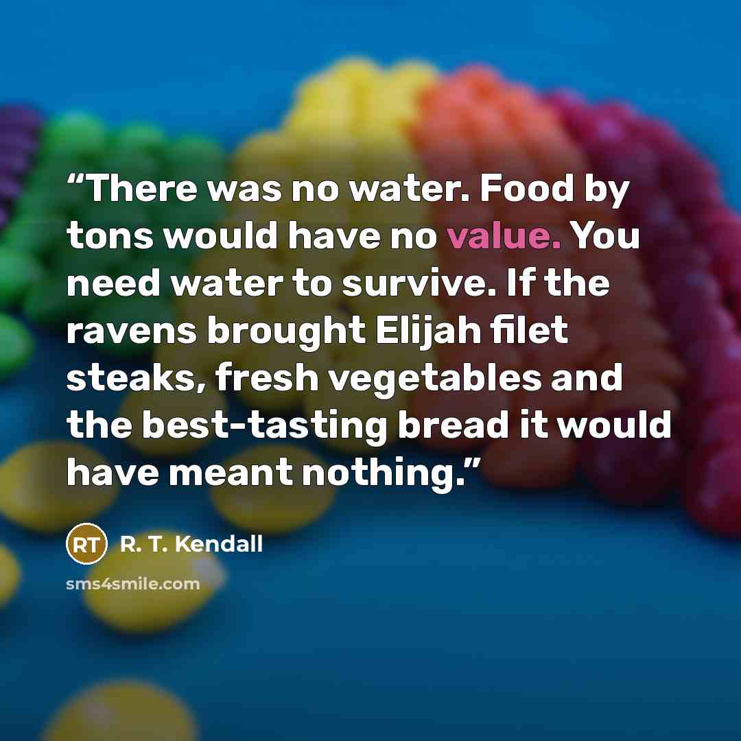 “There was no water. Food by tons would have no value. You need water to survive. If the ravens brought Elijah filet steaks, fresh vegetables and the best-tasting bread it would have meant nothing.” quote by R. T. Kendall