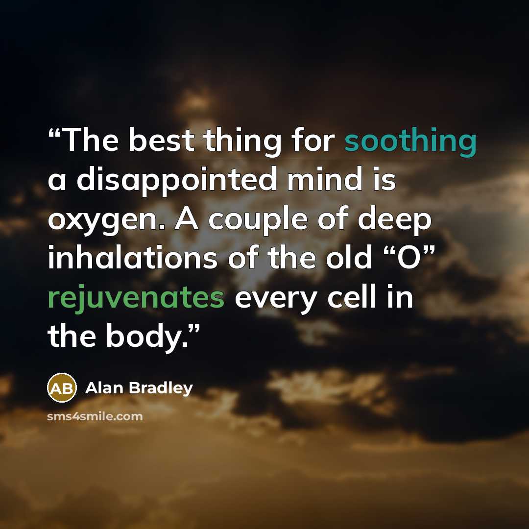 “The best thing for soothing a disappointed mind is oxygen. A couple of deep inhalations of the old “O” rejuvenates every cell in the body.” quote by Alan Bradley