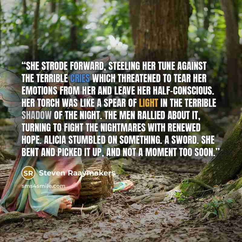 “She strode forward, steeling her tune against the terrible cries which threatened to tear her emotions from her and leave her half-conscious. Her torch was like a spear of light in the terrible shadow of the night. The men rallied about it, turning to fight the nightmares with renewed hope. Alicia…” quote by Steven Raaymakers