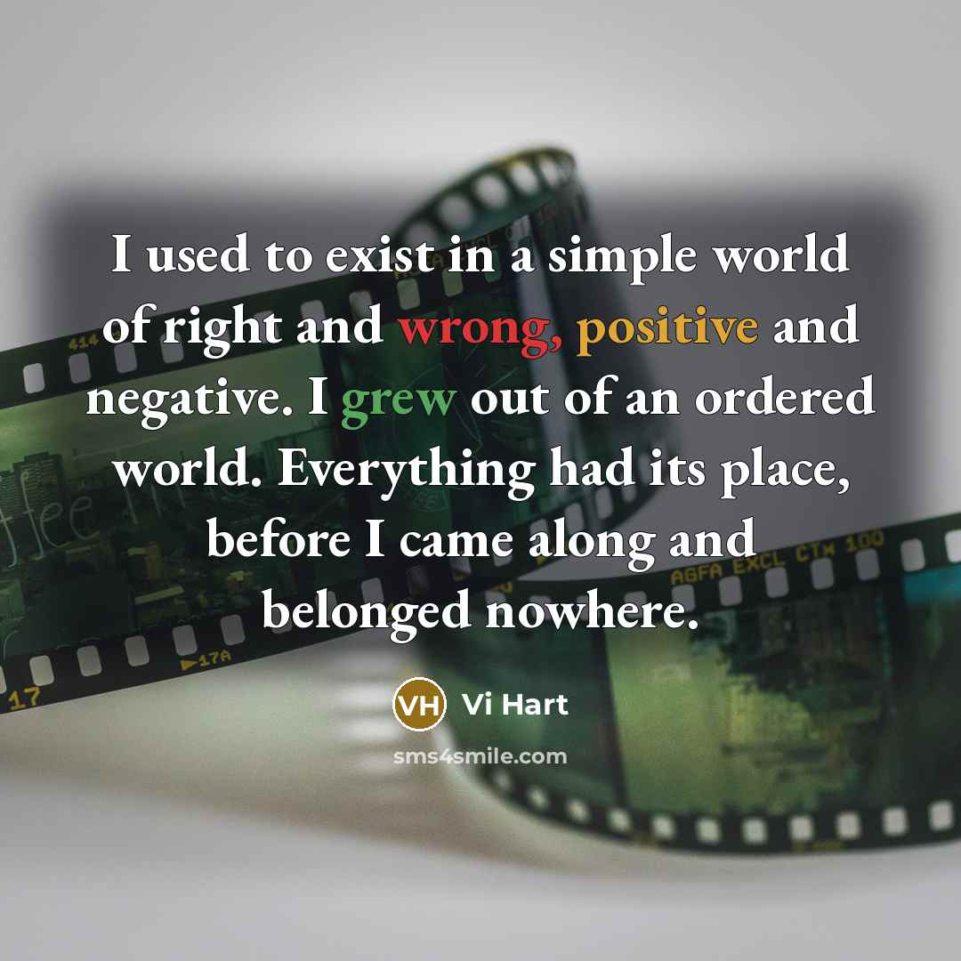 “I used to exist in a simple world of right and wrong, positive and negative. I grew out of an ordered world. Everything had its place, before I came along and belonged nowhere.” quote by Vi Hart
