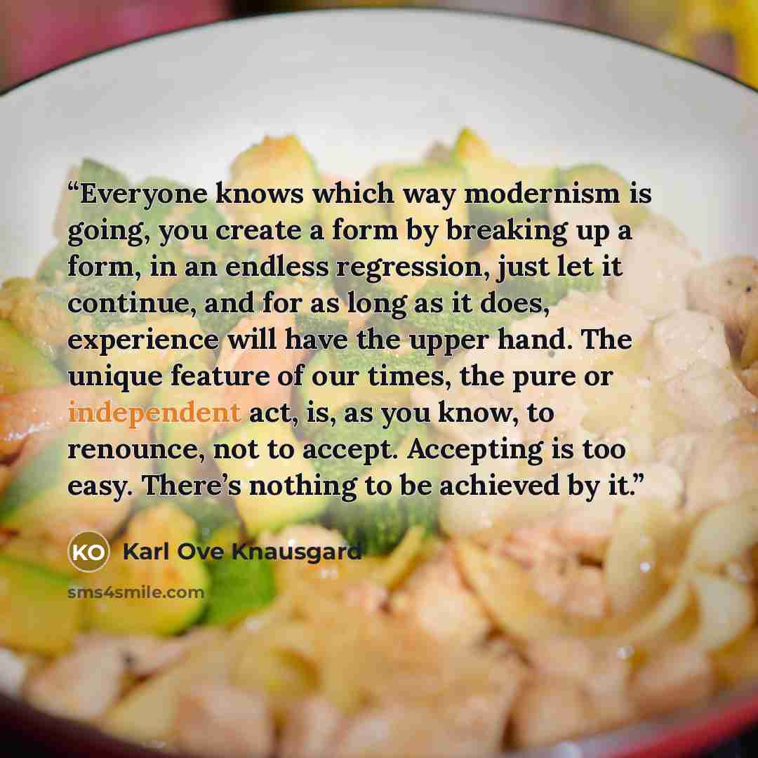 “Everyone knows which way modernism is going, you create a form by breaking up a form, in an endless regression, just let it continue, and for as long as it does, experience will have the upper hand. The unique feature of our times, the pure or independent act, is, as you know, to renounce, not to…” quote by Karl Ove Knausgård