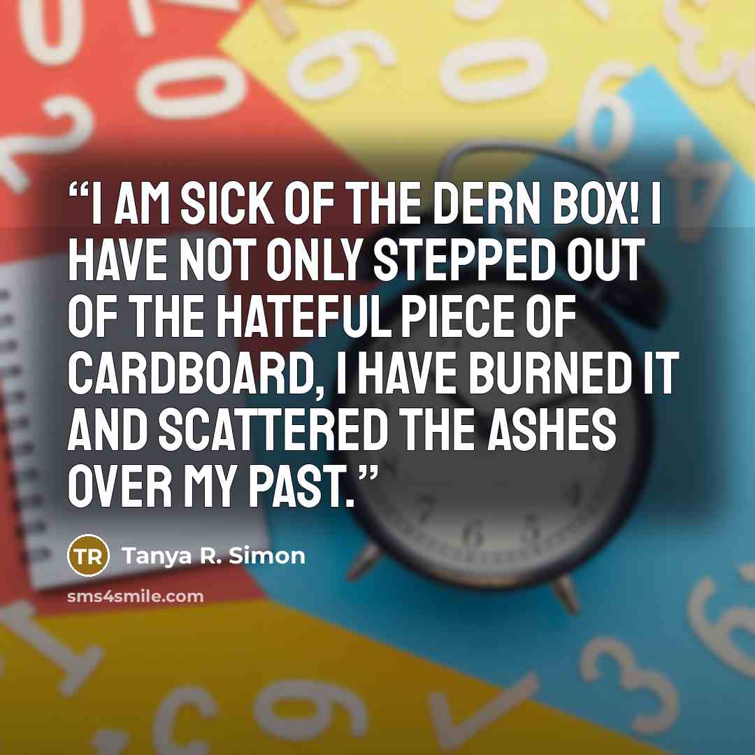 “I am sick of the dern box! I have not only stepped out of the hateful piece of cardboard, I have burned it and scattered the ashes over my past.” quote by Tanya R. Simon