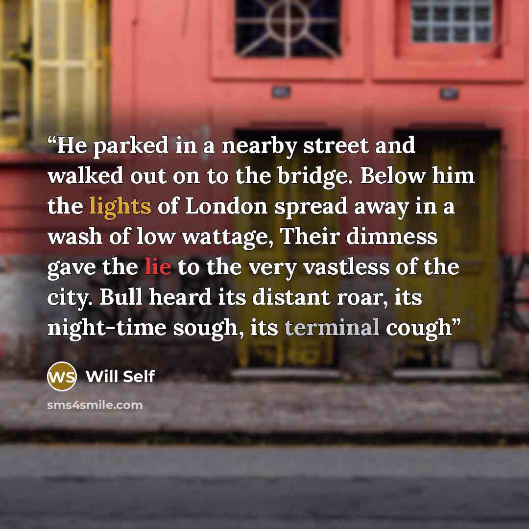 “He parked in a nearby street and walked out on to the bridge. Below him the lights of London spread away in a wash of low wattage, Their dimness gave the lie to the very vastless of the city. Bull heard its distant roar, its night-time sough, its terminal cough” quote by Will Self