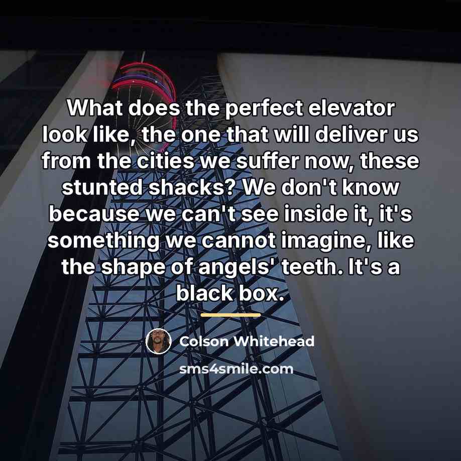 “What does the perfect elevator look like, the one that…” quote by Colson Whitehead