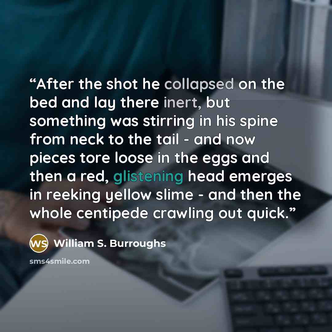 “After the shot he collapsed on the bed and lay there inert, but something was stirring in his spine from neck to the tail - and now pieces tore loose in the eggs and then a red, glistening head emerges in reeking yellow slime - and then the whole centipede crawling out quick.” quote by William S. Burroughs