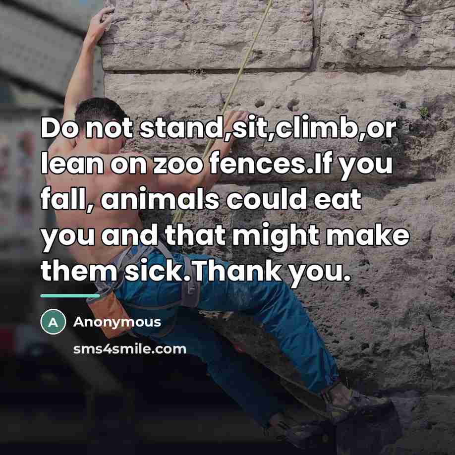 “Do not stand,sit,climb,or lean on zoo fences.If you fall, animals…” quote by Anonymous