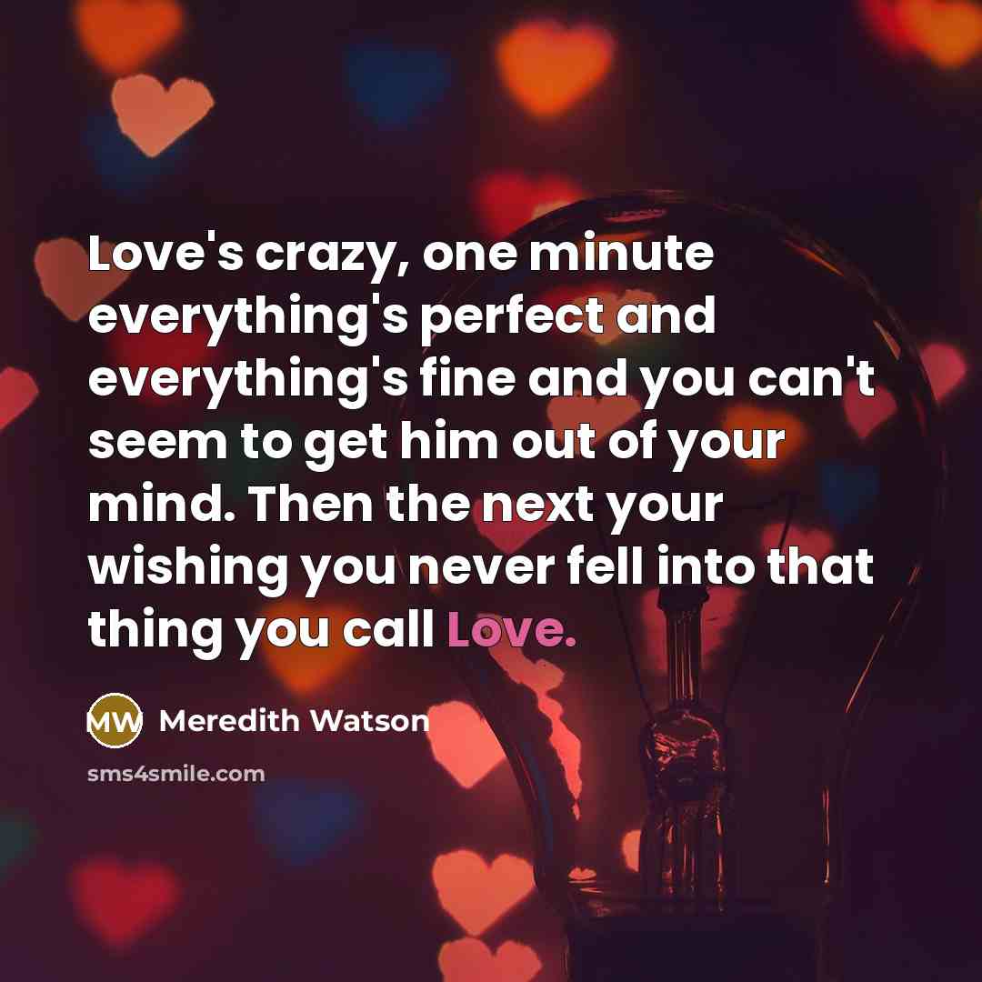 “Love's crazy, one minute everything's perfect and everything's fine and you can't seem to get him out of your mind. Then the next your wishing you never fell into that thing you call Love.” quote by Meredith Watson