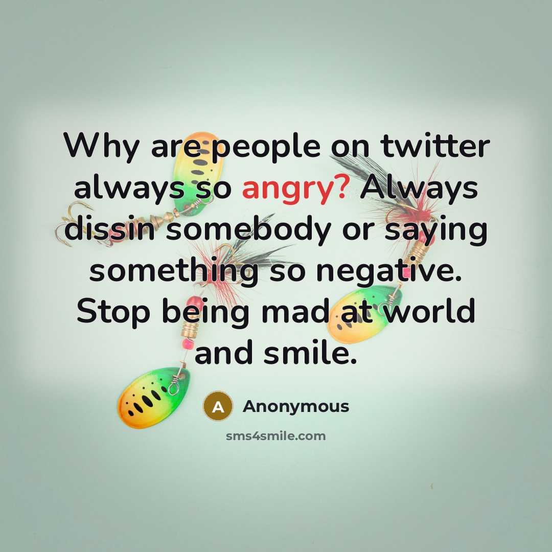 “Why are people on twitter always so angry? Always dissin somebody or saying something so negative. Stop being mad at world and smile.” quote by Anonymous