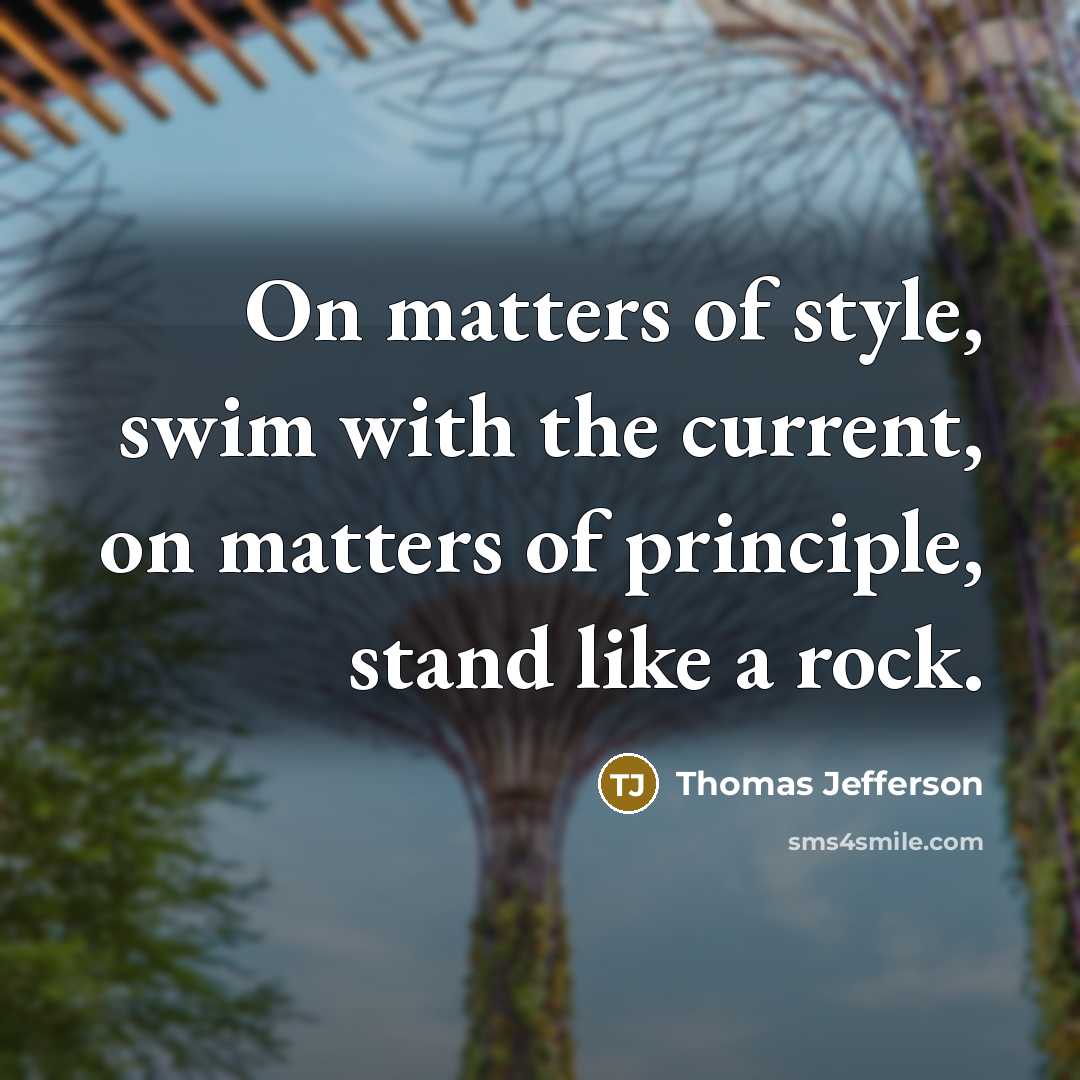 “On matters of style, swim with the current, on matters…” quote by Thomas Jefferson
