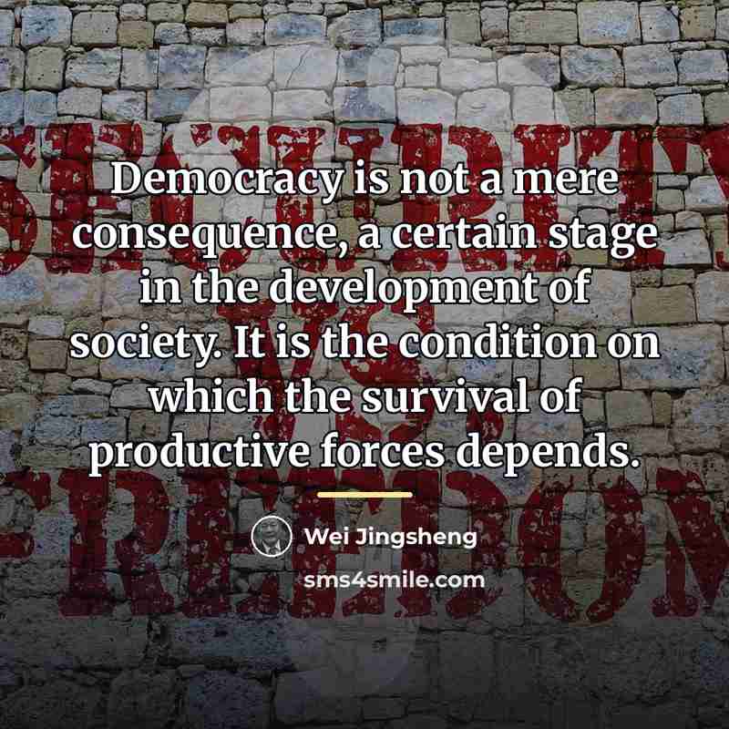 “Democracy is not a mere consequence, a certain stage in…” quote by Wei Jingsheng