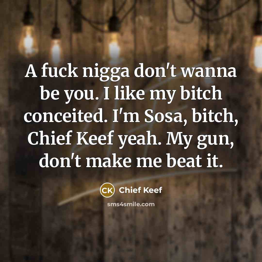 “A fuck nigga don't wanna be you. I like my bitch conceited. I'm Sosa, bitch, Chief Keef yeah. My gun, don't make me beat it.” quote by Chief Keef