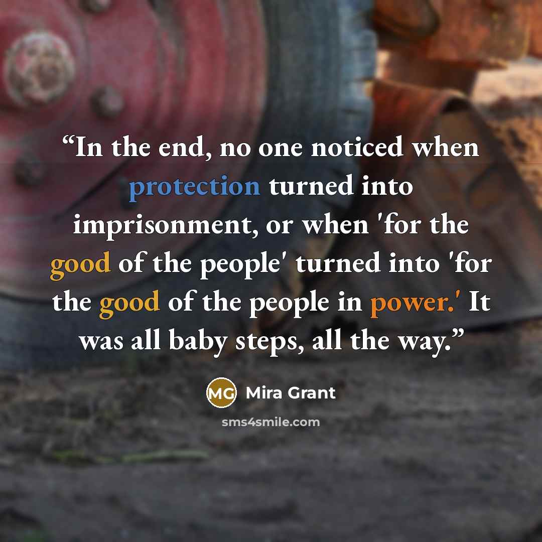“In the end, no one noticed when protection turned into imprisonment, or when 'for the good of the people' turned into 'for the good of the people in power.' It was all baby steps, all the way.” quote by Mira Grant