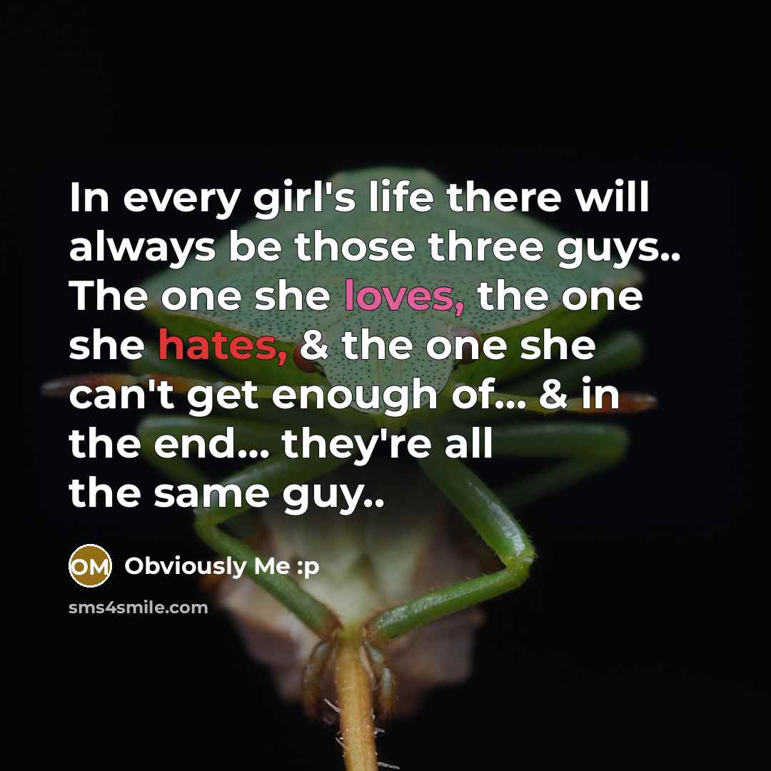“In every girl's life there will always be those three guys.. The one she loves, the one she hates, & the one she can't get enough of… & in the end… they're all the same guy..” quote by Obviously Me :p