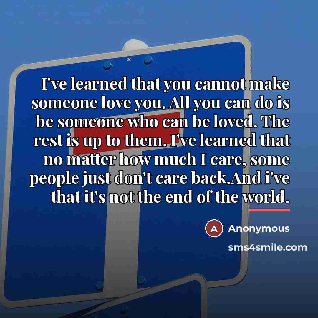 “I've learned that you cannot make someone love you. All…” quote by Anonymous