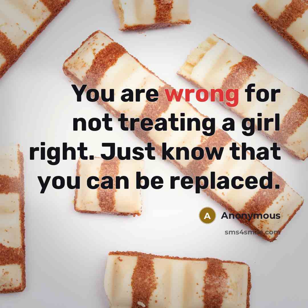 “You are wrong for not treating a girl right. Just know that you can be replaced.” quote by Anonymous