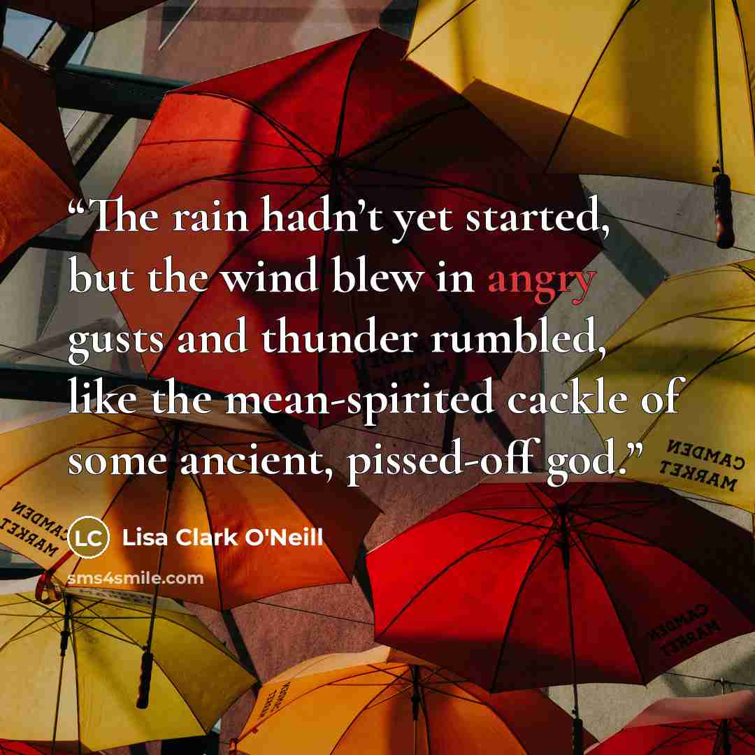 “The rain hadn’t yet started, but the wind blew in angry gusts and thunder rumbled, like the mean-spirited cackle of some ancient, pissed-off god.” quote by Lisa Clark O'Neill