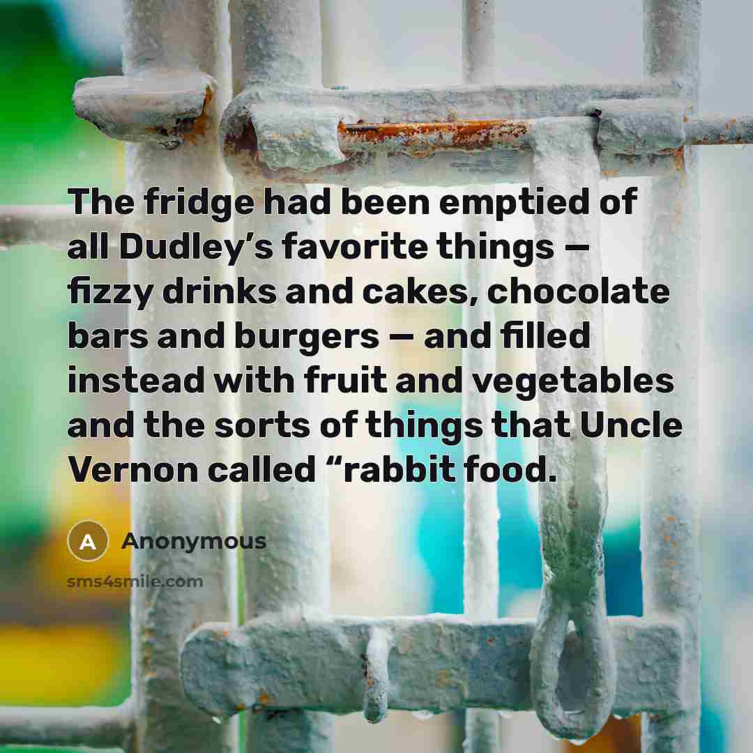 “The fridge had been emptied of all Dudley’s favorite things…” quote by Anonymous
