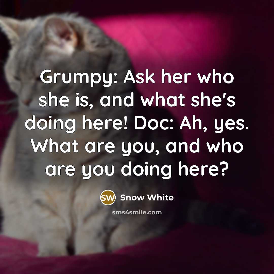 “Grumpy: Ask her who she is, and what she's doing here! Doc: Ah, yes. What are you, and who are you doing here?” quote by Snow White