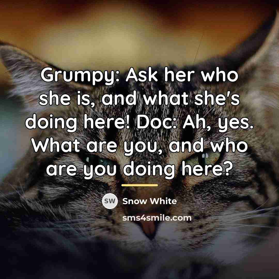 “Grumpy: Ask her who she is, and what she's doing…” quote by Snow White