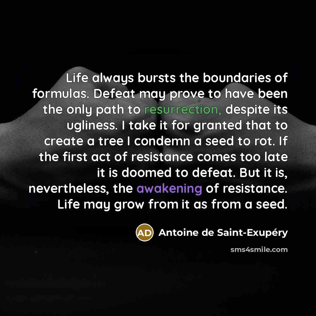 “Life always bursts the boundaries of formulas. Defeat may prove…” quote by Antoine de Saint-Exupery