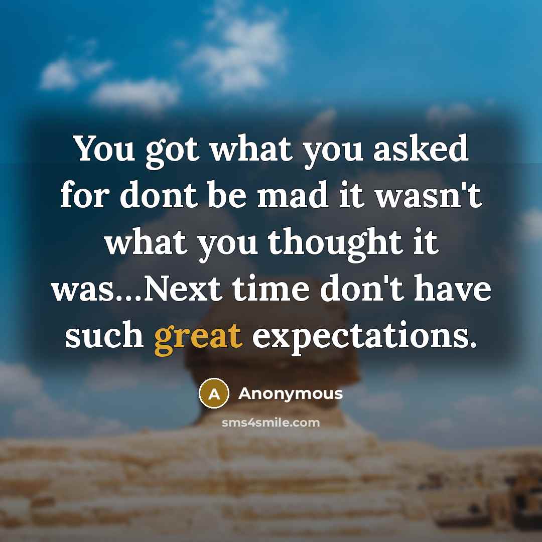 “You got what you asked for dont be mad it wasn't what you thought it was…Next time don't have such great expectations.” quote by Anonymous