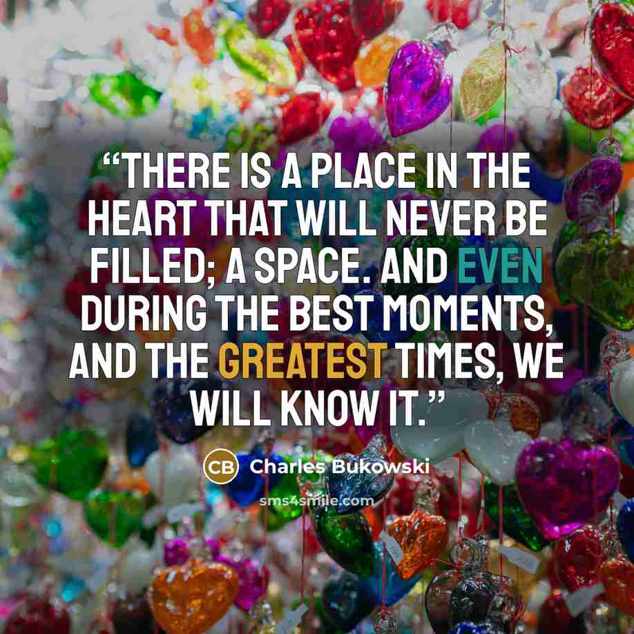 “There is a place in the heart that will never be filled; a space. And even during the best moments, and the greatest times, we will know it.” quote by Charles Bukowski