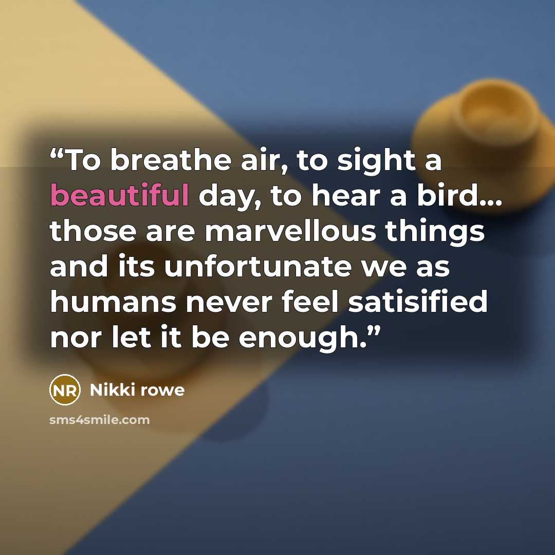 “To breathe air, to sight a beautiful day, to hear a bird... those are marvellous things and its unfortunate we as humans never feel satisified nor let it be enough.” quote by Nikki Rowe