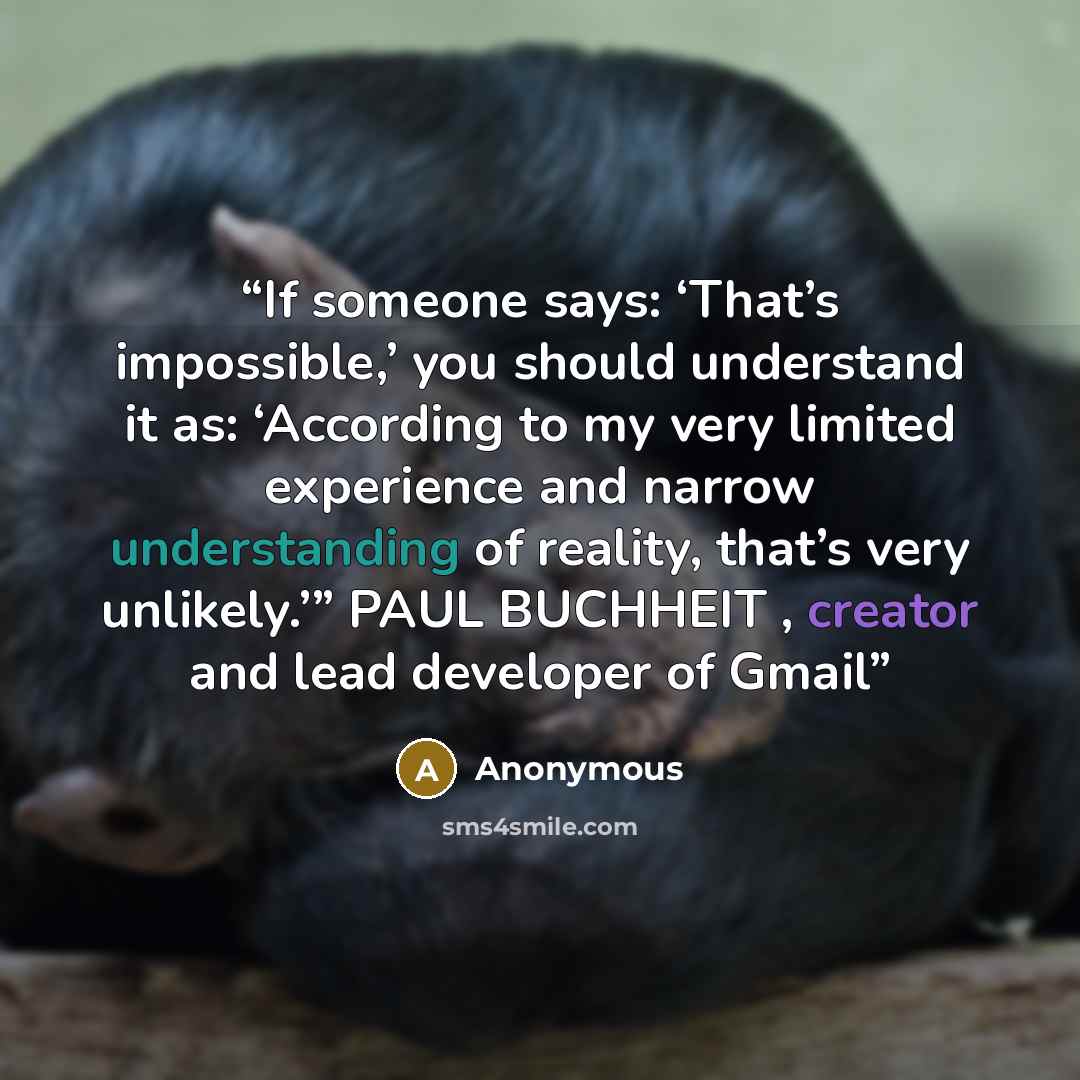 “If someone says: ‘That’s impossible,’ you should understand it as: ‘According to my very limited experience and narrow understanding of reality, that’s very unlikely.’” PAUL BUCHHEIT , creator and lead developer of Gmail” quote by Anonymous