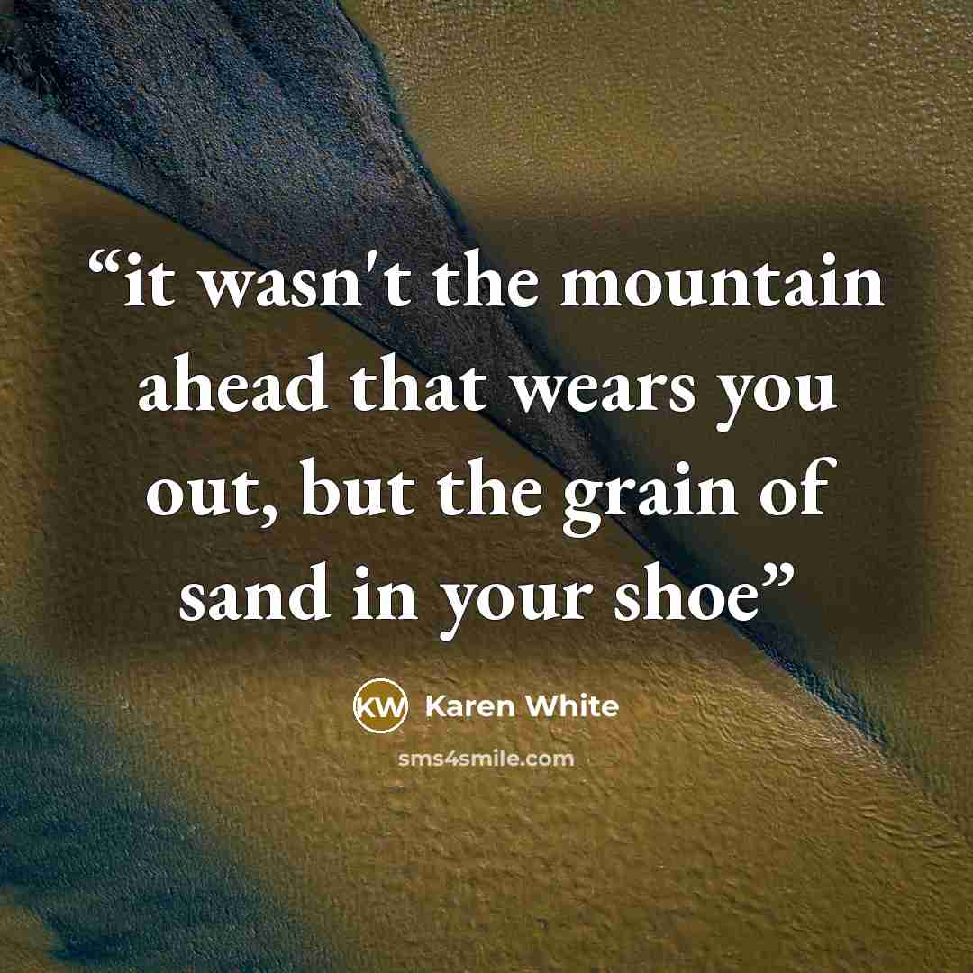 “it wasn't the mountain ahead that wears you out, but the grain of sand in your shoe” quote by Karen White