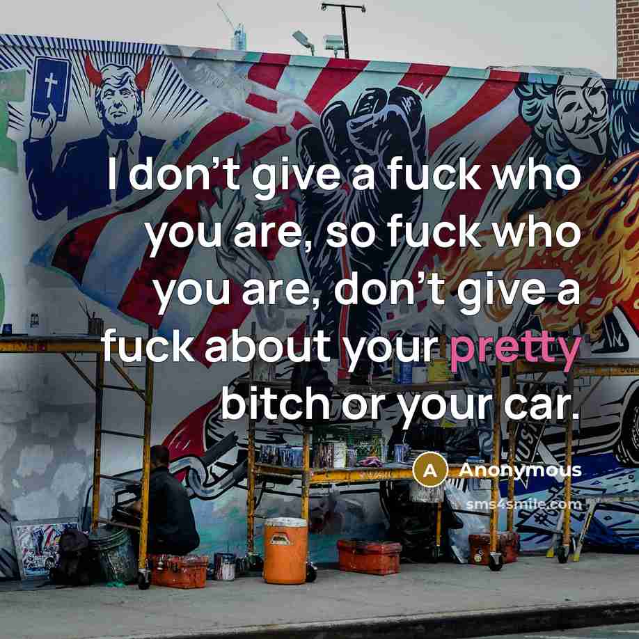 “I don't give a fuck who you are, so fuck who you are, don't give a fuck about your pretty bitch or your car.” quote by Anonymous