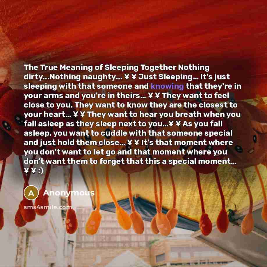 “The True Meaning of Sleeping Together Nothing dirty...Nothing naughty... ¥ ¥ Just Sleeping… It's just sleeping with that someone and knowing that they're in your arms and you're in theirs… ¥ ¥ They want to feel close to you. They want to know they are the closest to your heart… ¥ ¥ They want to…” quote by Anonymous
