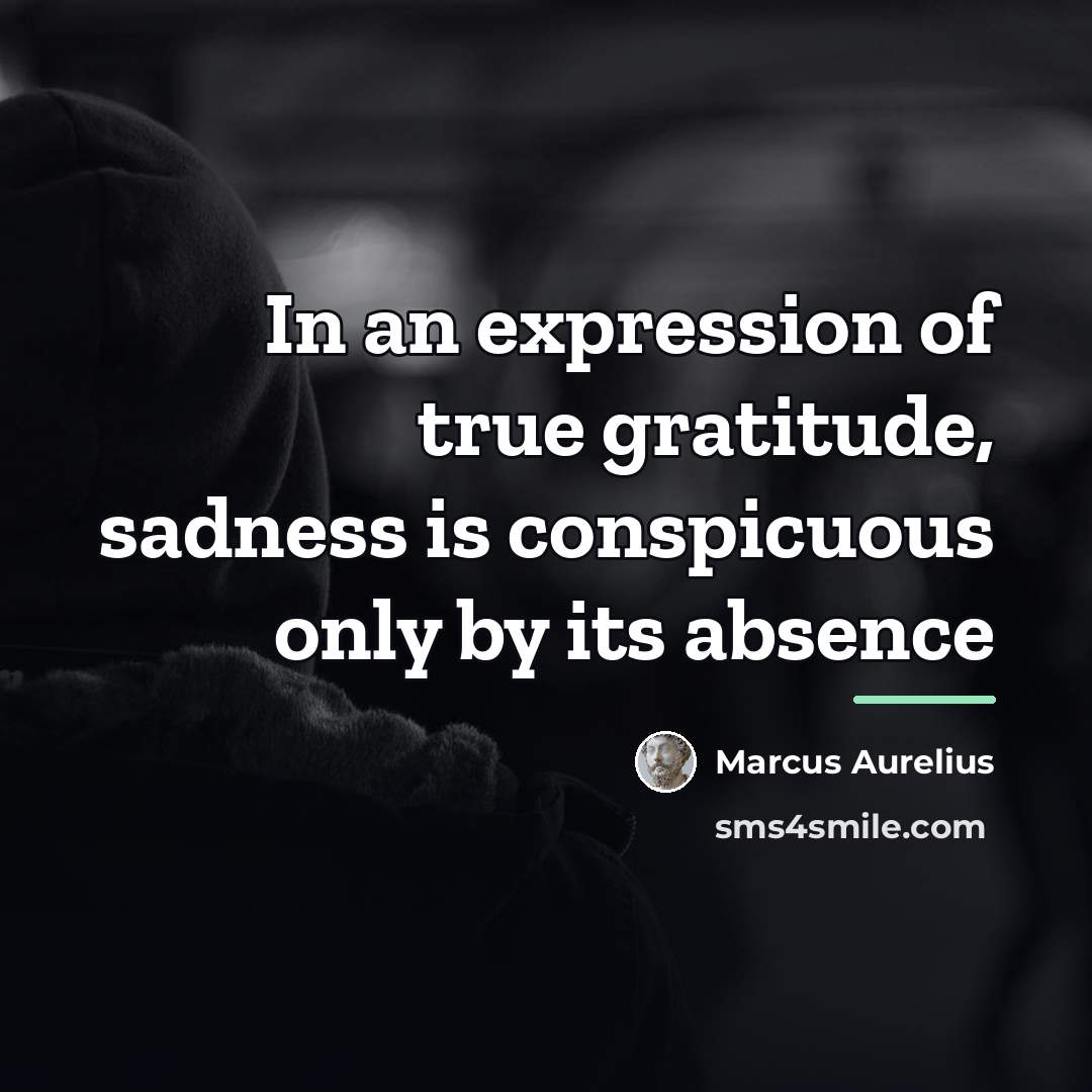 “In an expression of true gratitude, sadness is conspicuous only…” quote by Marcus Aurelius
