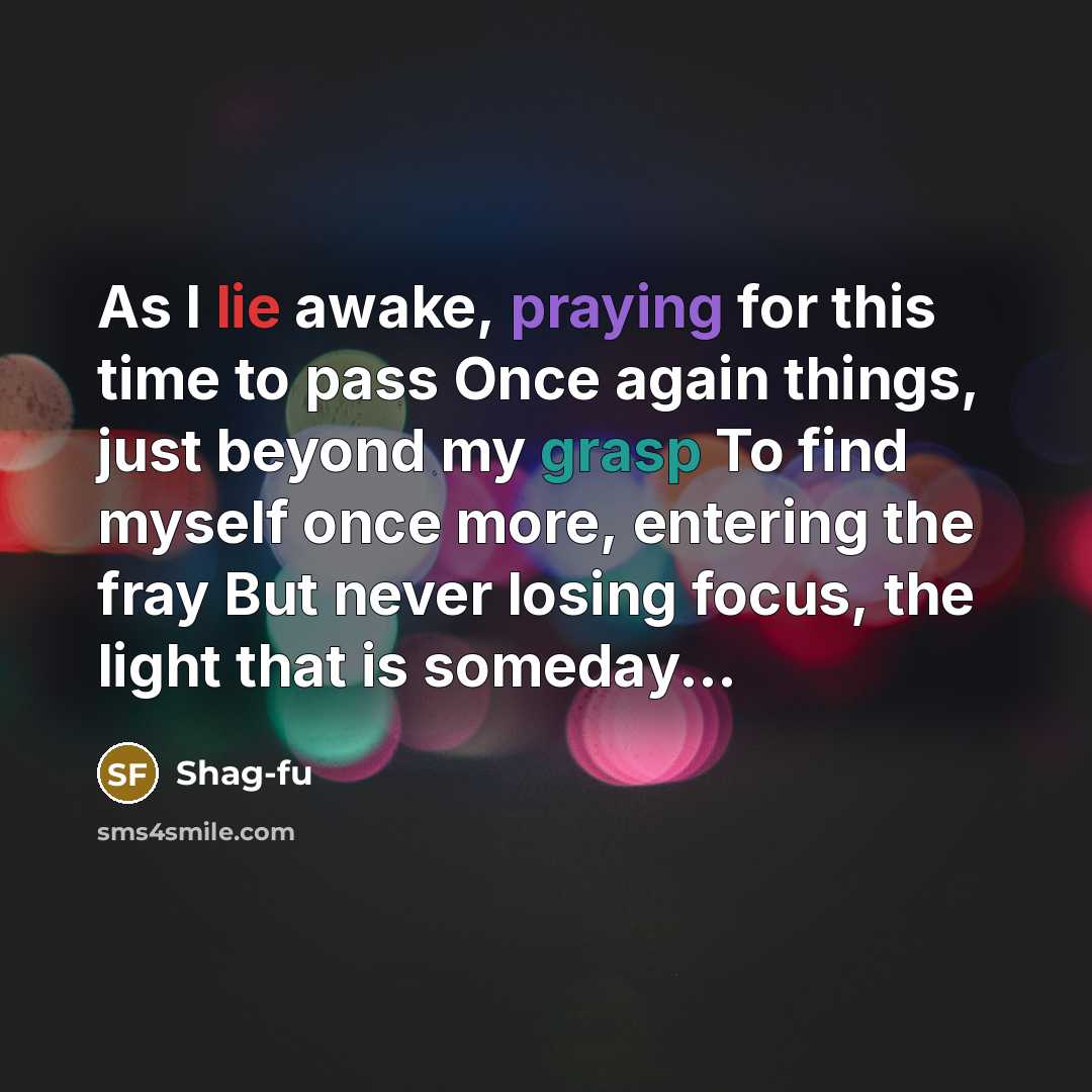 “As I lie awake, praying for this time to pass Once again things, just beyond my grasp To find myself once more, entering the fray But never losing focus, the light that is someday...” quote by Shag-fu