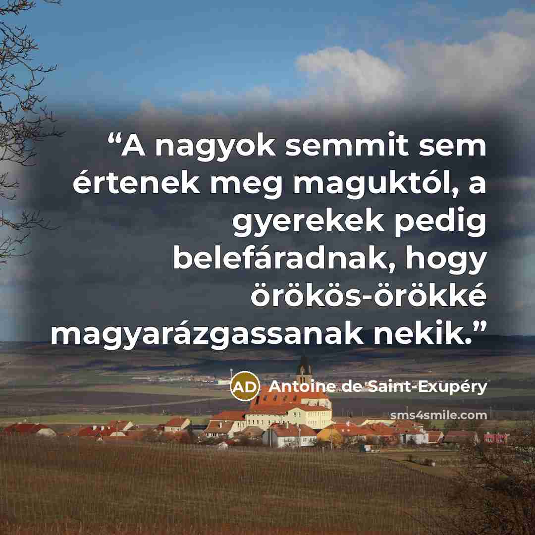 “A nagyok semmit sem értenek meg maguktól, a gyerekek pedig belefáradnak, hogy örökös-örökké magyarázgassanak nekik.” quote by Antoine de Saint-Exupéry