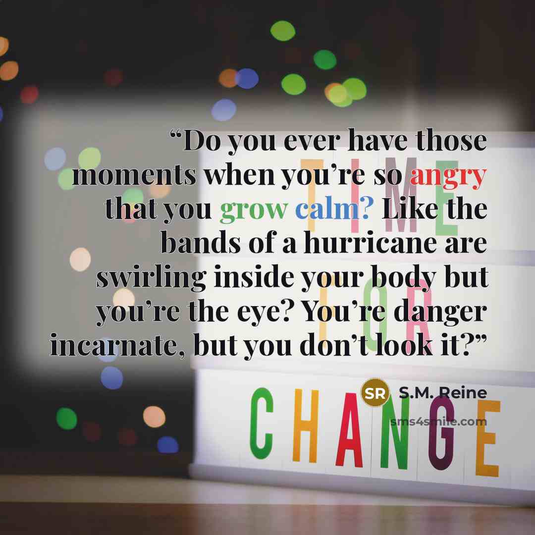 “Do you ever have those moments when you’re so angry that you grow calm? Like the bands of a hurricane are swirling inside your body but you’re the eye? You’re danger incarnate, but you don’t look it?” quote by S.M. Reine