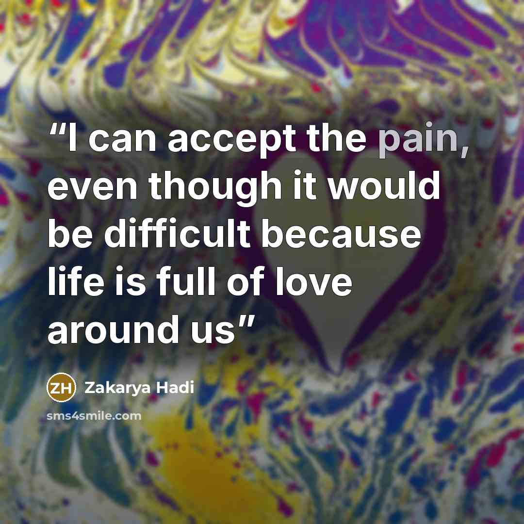 “I can accept the pain, even though it would be difficult because life is full of love around us” quote by Zakarya Hadi