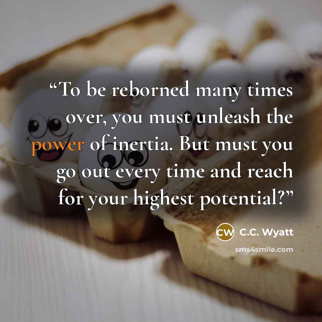 “To be reborned many times over, you must unleash the power of inertia. But must you go out every time and reach for your highest potential?” quote by C.C. Wyatt