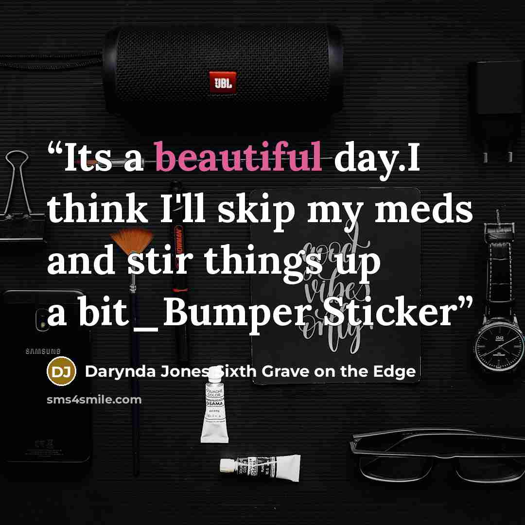 “Its a beautiful day.I think I'll skip my meds and stir things up a bit_Bumper Sticker” quote by Darynda Jones Sixth Grave on the Edge