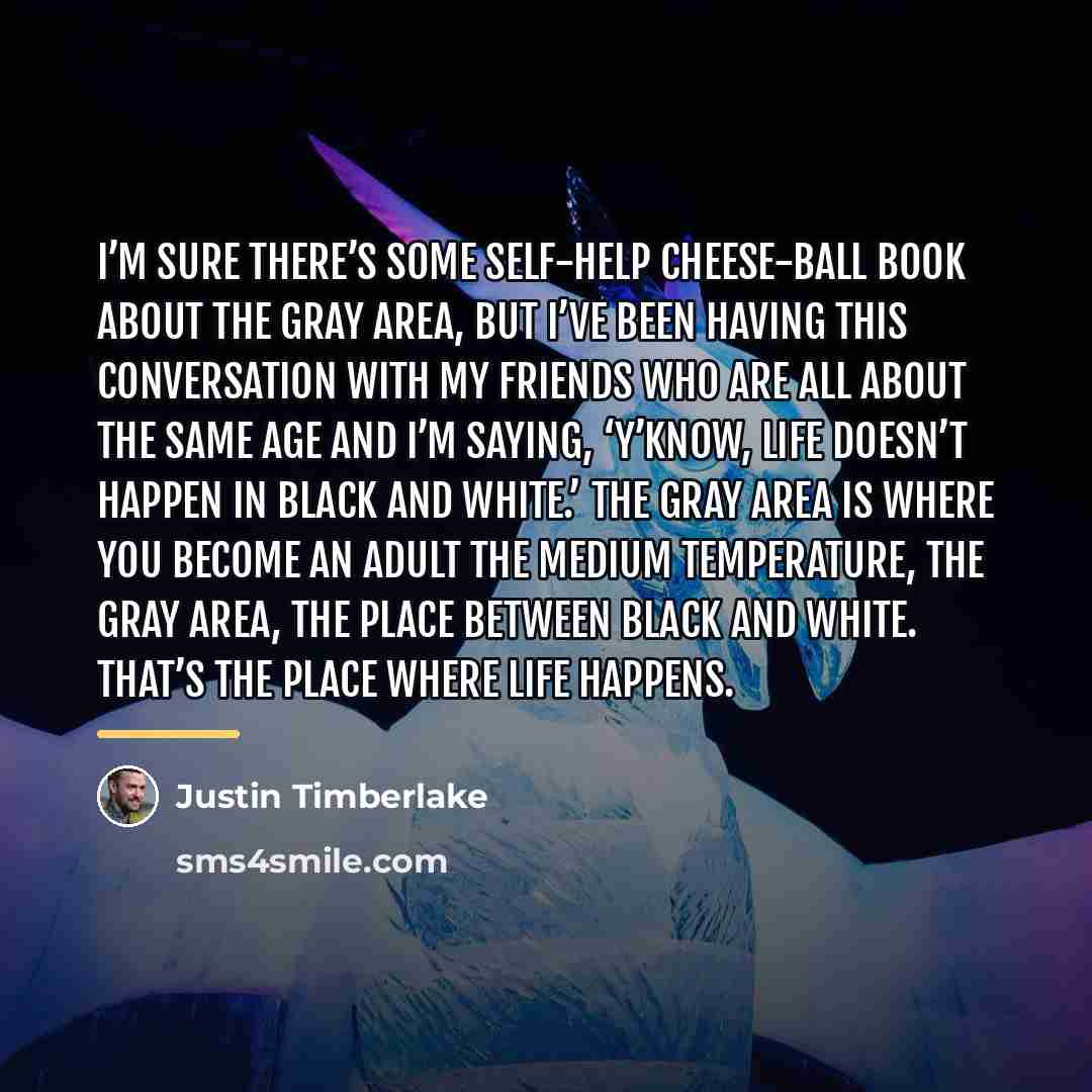 “I’m sure there’s some self-help cheese-ball book about the gray…” quote by Justin Timberlake