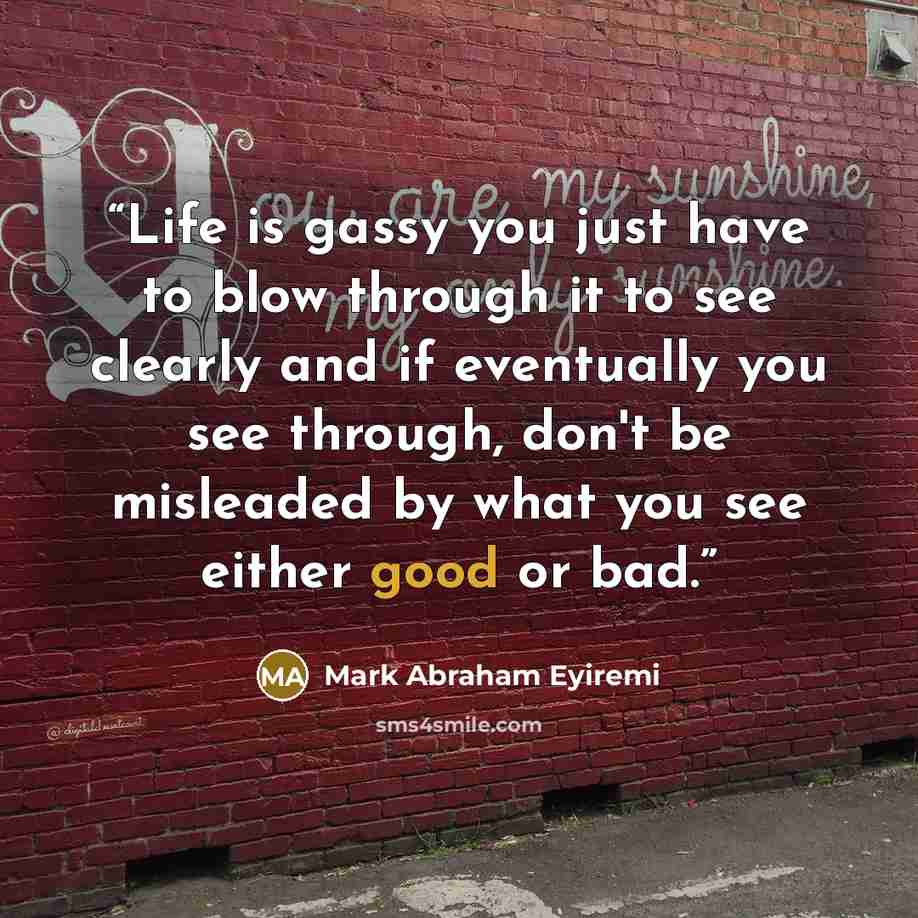 “Life is gassy you just have to blow through it to see clearly and if eventually you see through, don't be misleaded by what you see either good or bad.” quote by Mark Abraham Eyiremi