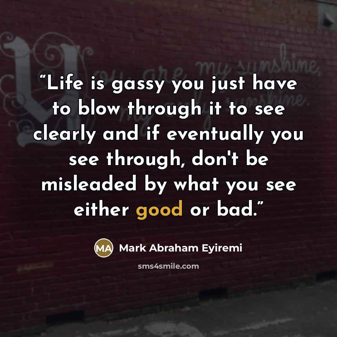 “Life is gassy you just have to blow through it to see clearly and if eventually you see through, don't be misleaded by what you see either good or bad.” quote by Mark Abraham Eyiremi