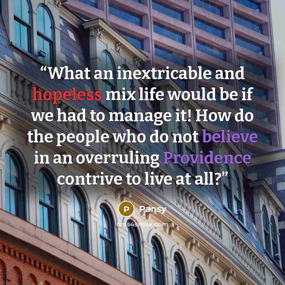“What an inextricable and hopeless mix life would be if we had to manage it! How do the people who do not believe in an overruling Providence contrive to live at all?” quote by Pansy