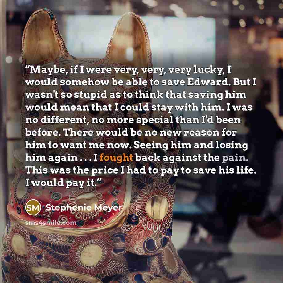“Maybe, if I were very, very, very lucky, I would somehow be able to save Edward. But I wasn't so stupid as to think that saving him would mean that I could stay with him. I was no different, no more special than I'd been before. There would be no new reason for him to want me now. Seeing him and…” quote by Stephenie Meyer