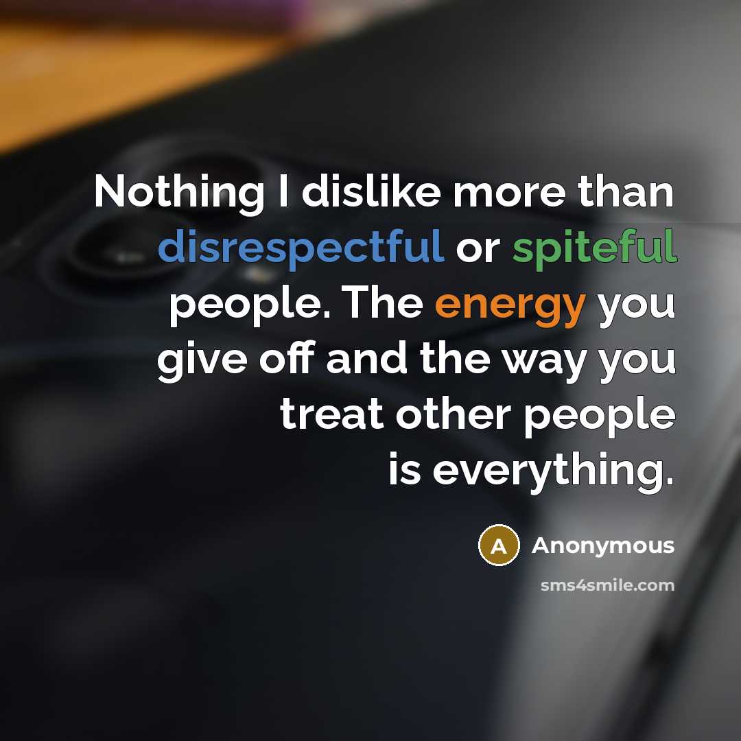 “Nothing I dislike more than disrespectful or spiteful people. The energy you give off and the way you treat other people is everything.” quote by Anonymous