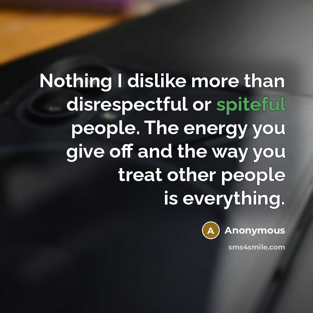 “Nothing I dislike more than disrespectful or spiteful people. The energy you give off and the way you treat other people is everything.” quote by Anonymous
