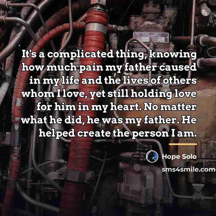 “It's a complicated thing, knowing how much pain my father…” quote by Hope Solo