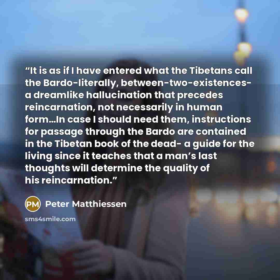 “It is as if I have entered what the Tibetans call the Bardo-literally, between-two-existences- a dreamlike hallucination that precedes reincarnation, not necessarily in human form…In case I should need them, instructions for passage through the Bardo are contained in the Tibetan book of the dead…” quote by Peter Matthiessen