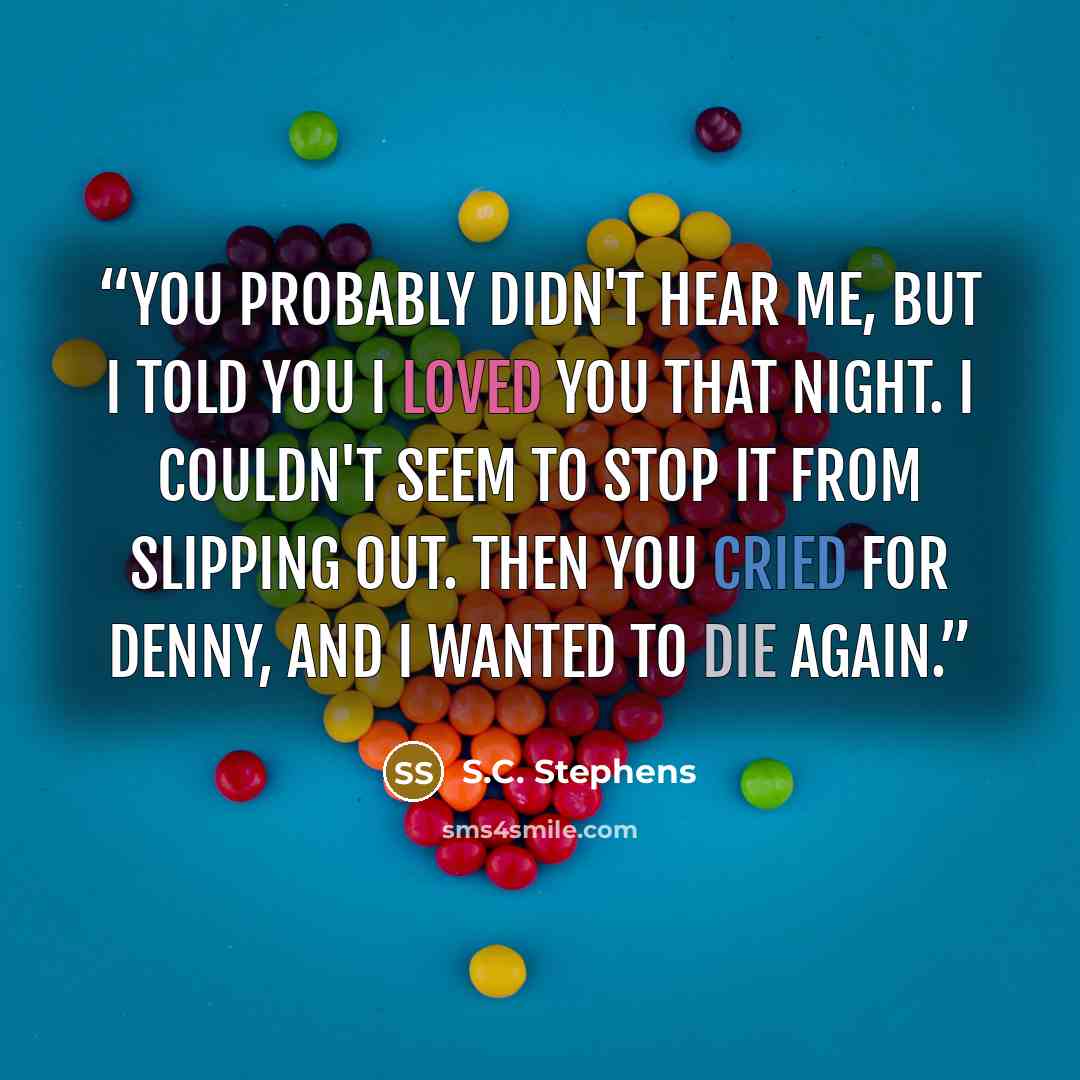 “You probably didn't hear me, but I told you I loved you that night. I couldn't seem to stop it from slipping out. Then you cried for Denny, and I wanted to die again.” quote by S.C. Stephens