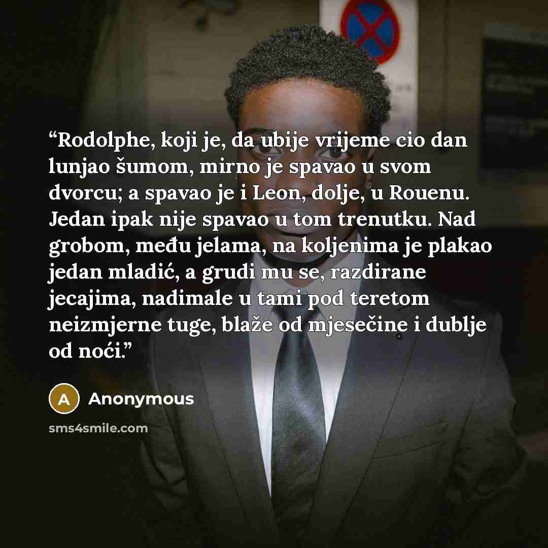 “Rodolphe, koji je, da ubije vrijeme cio dan lunjao šumom, mirno je spavao u svom dvorcu; a spavao je i Leon, dolje, u Rouenu. Jedan ipak nije spavao u tom trenutku. Nad grobom, među jelama, na koljenima je plakao jedan mladić, a grudi mu se, razdirane jecajima, nadimale u tami pod teretom…” quote by Anonymous